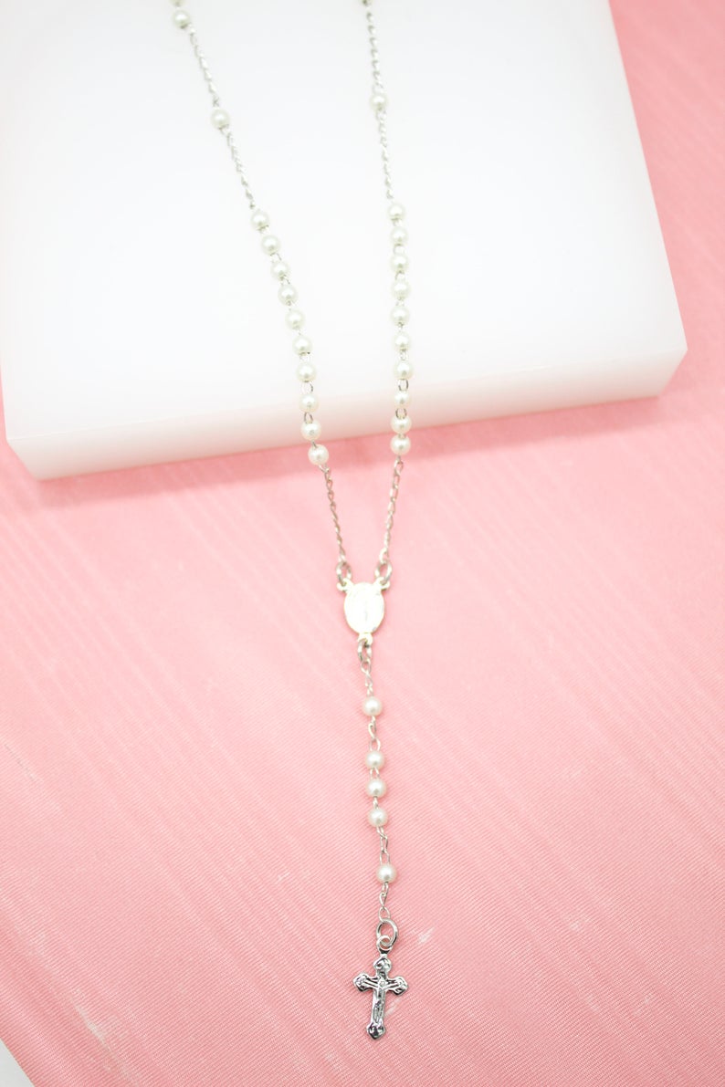 Catholic Pearl Bead Rosary with Crucifix and Milagros Charm (F259)-1