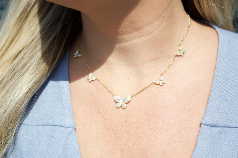 CZ Butterfly Charms Layering Rolo Necklace (G70)-3