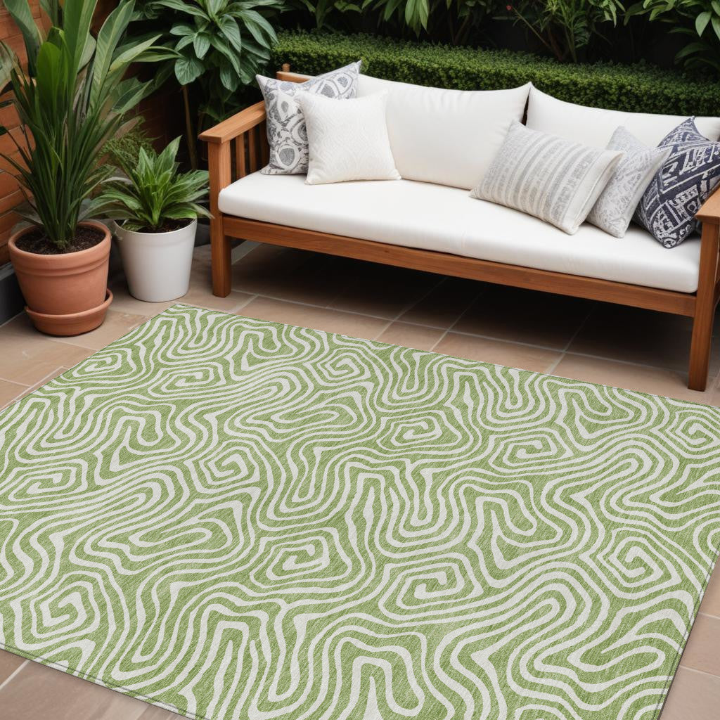 10' X 14' Artichoke Green And Ivory Abstract Washable Indoor Outdoor Area Rug