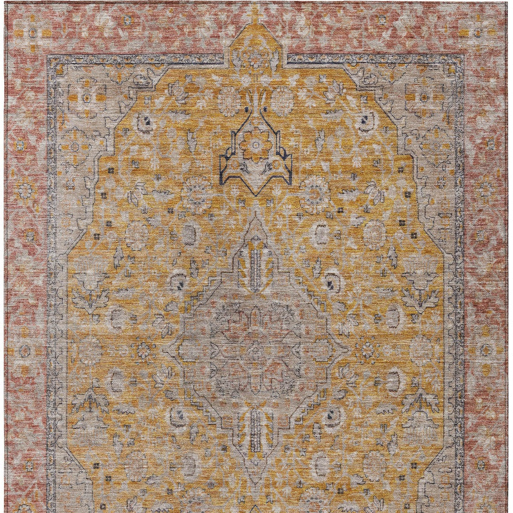 10' X 14' Gold And Peach Medallion Washable Indoor Outdoor Area Rug