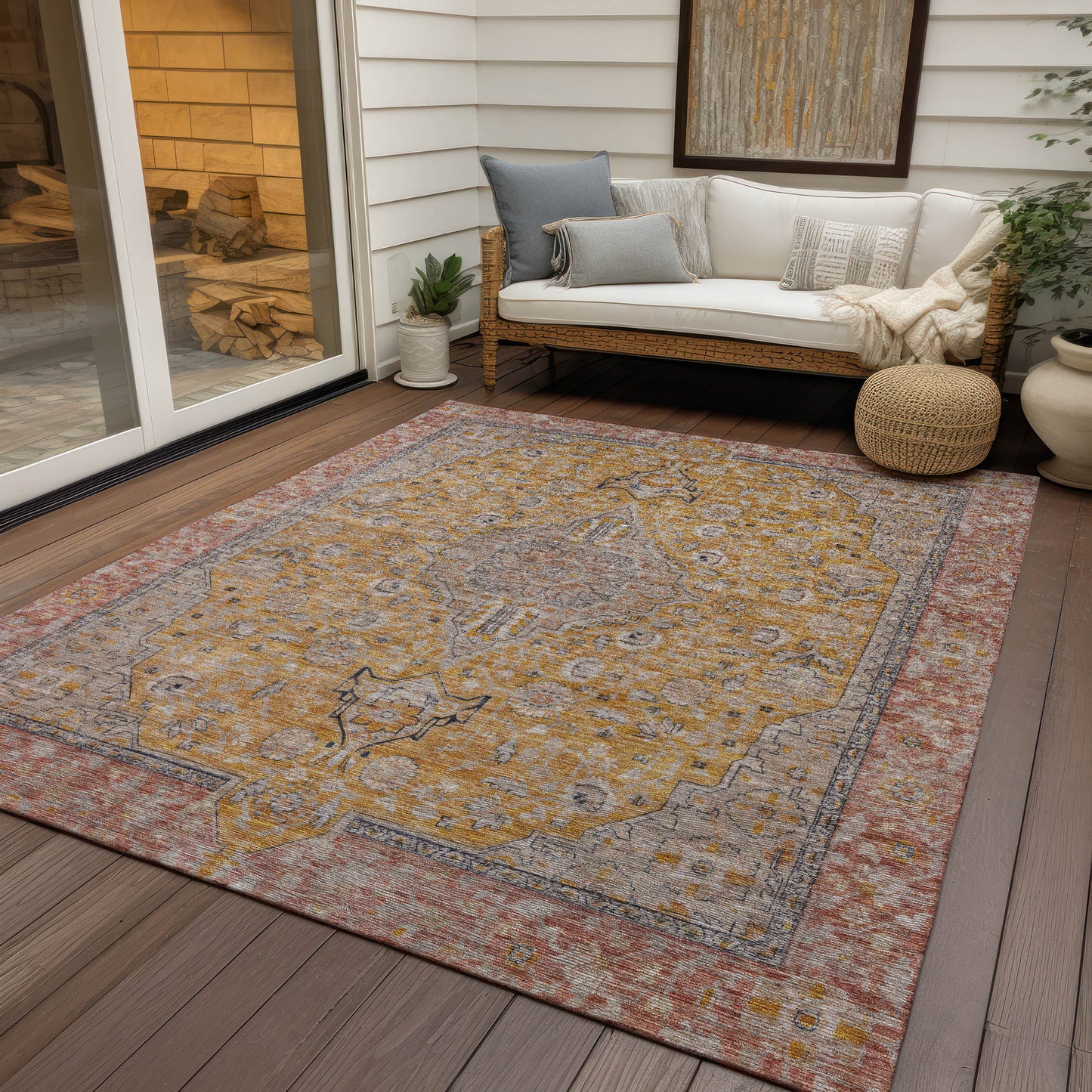10' X 14' Gold And Peach Medallion Washable Indoor Outdoor Area Rug
