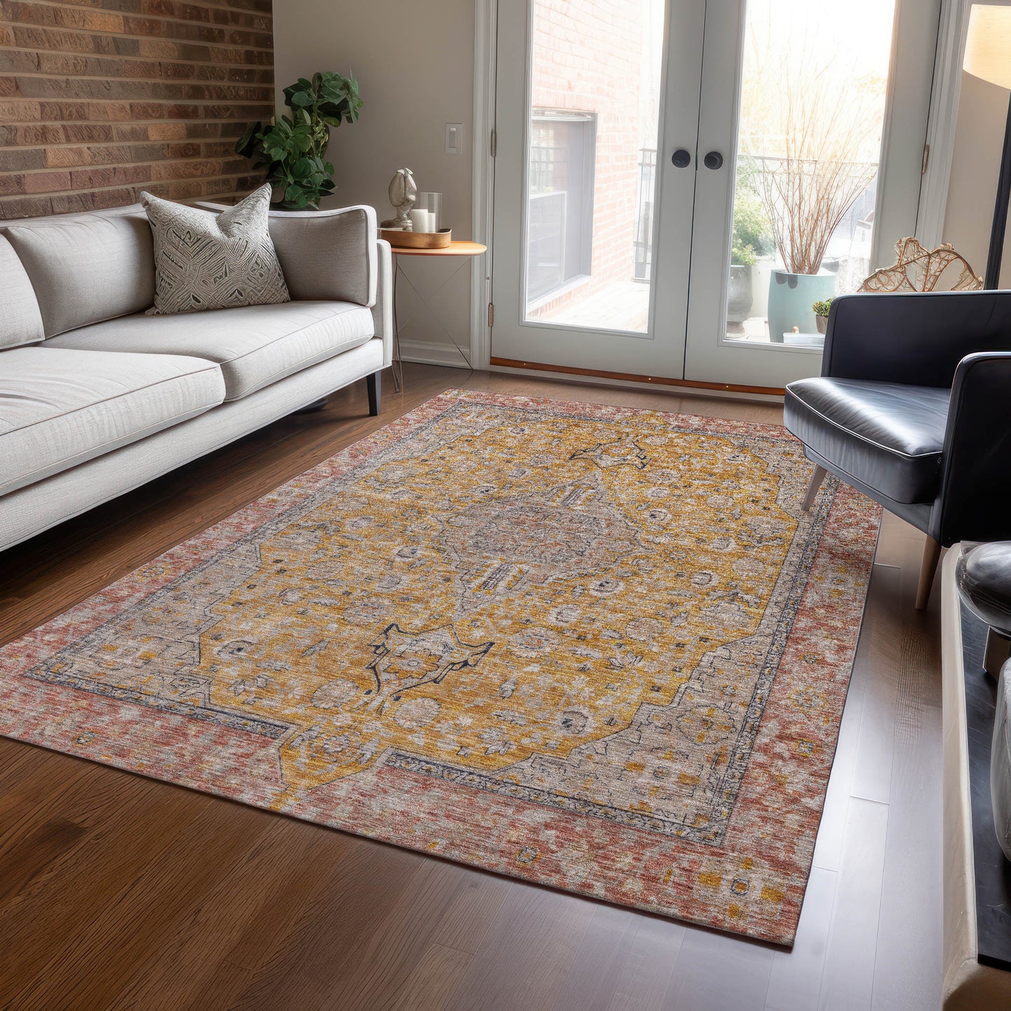 10' X 14' Gold And Peach Medallion Washable Indoor Outdoor Area Rug