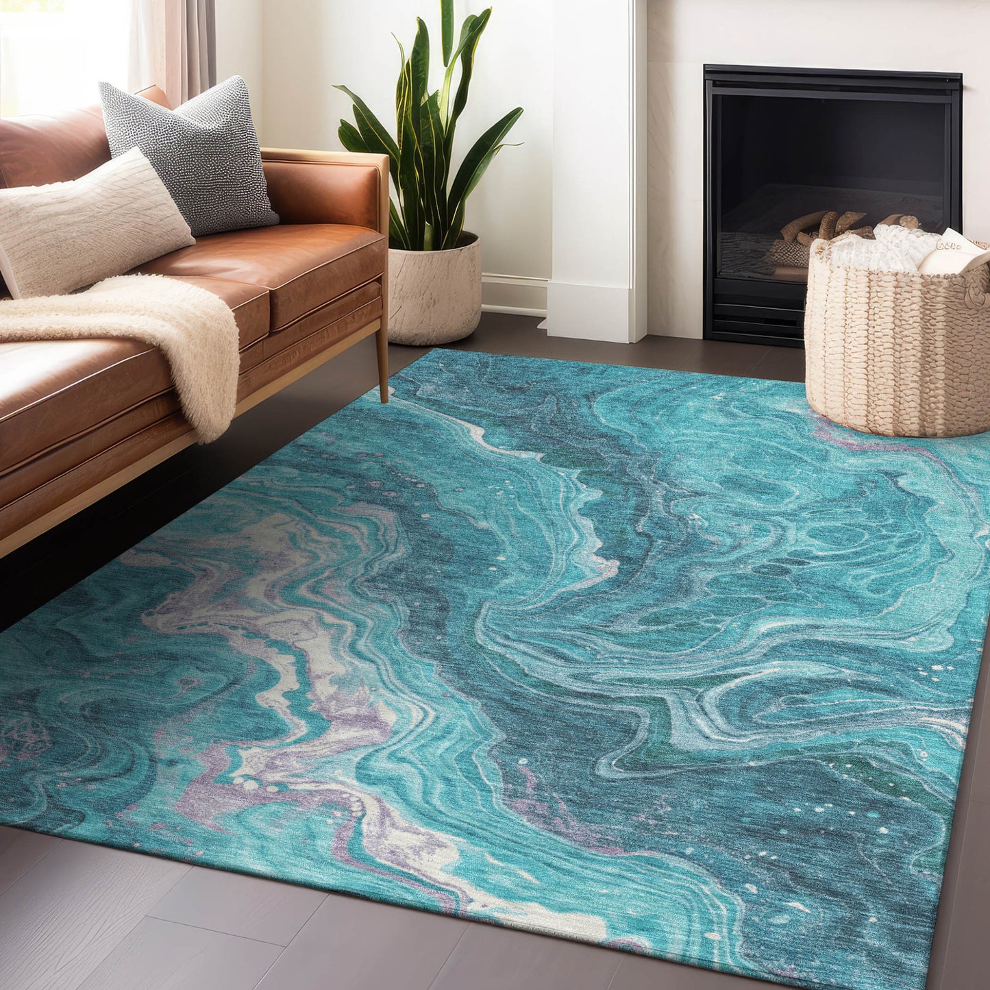 5' X 8' Teal Blue Gray And Ivory Abstract Washable Indoor Outdoor Area Rug