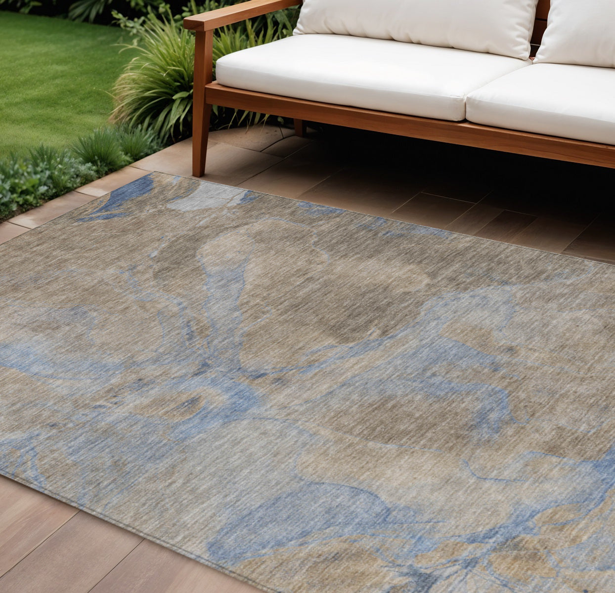 8' X 10' Taupe Beige And Blue Abstract Washable Indoor Outdoor Area Rug