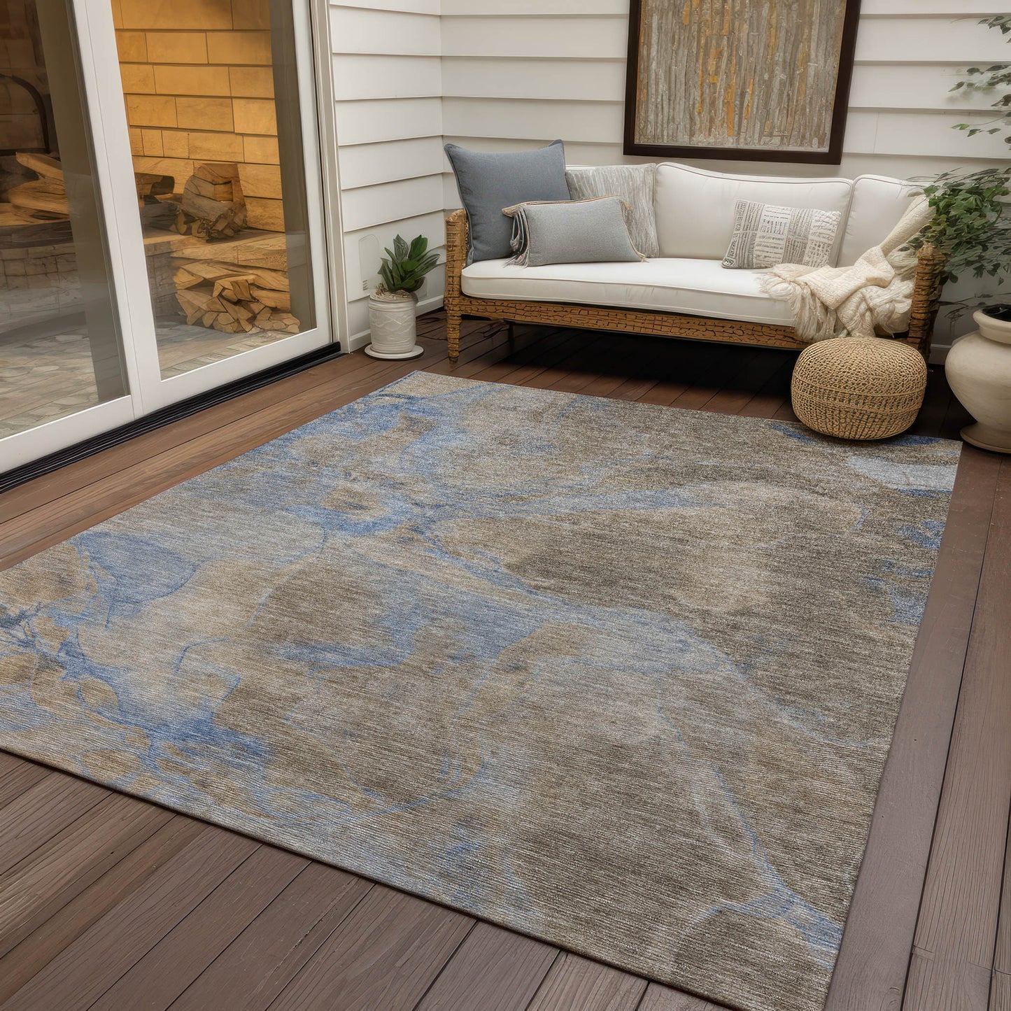 8' X 10' Taupe Beige And Blue Abstract Washable Indoor Outdoor Area Rug