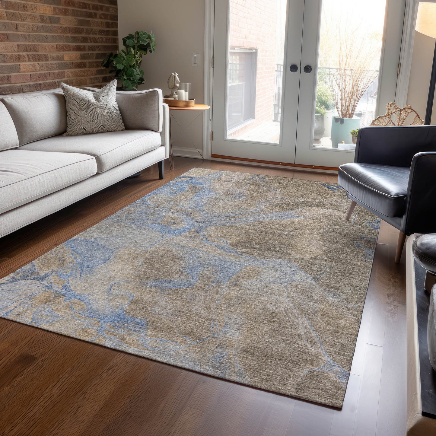 8' X 10' Taupe Beige And Blue Abstract Washable Indoor Outdoor Area Rug