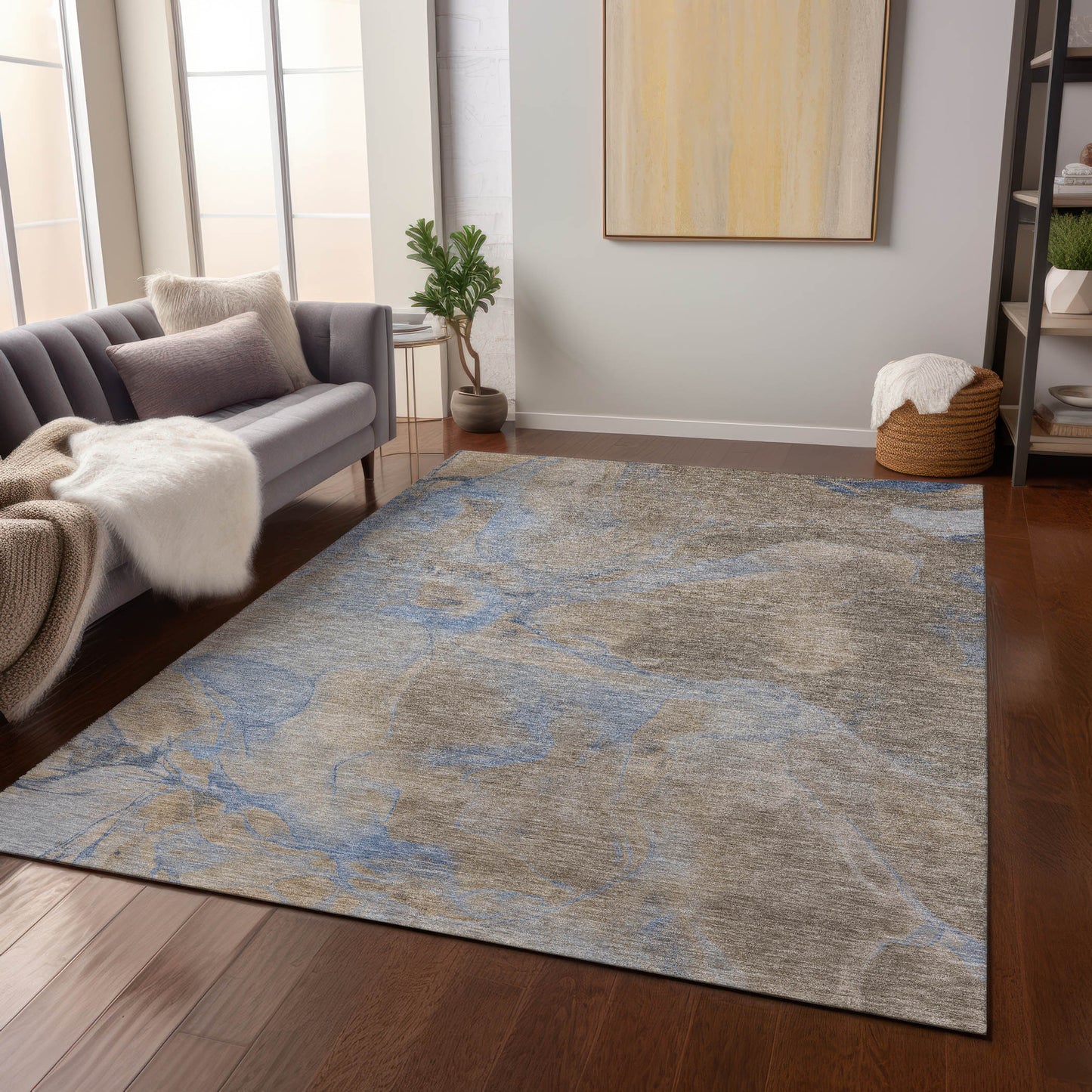 8' X 10' Taupe Beige And Blue Abstract Washable Indoor Outdoor Area Rug