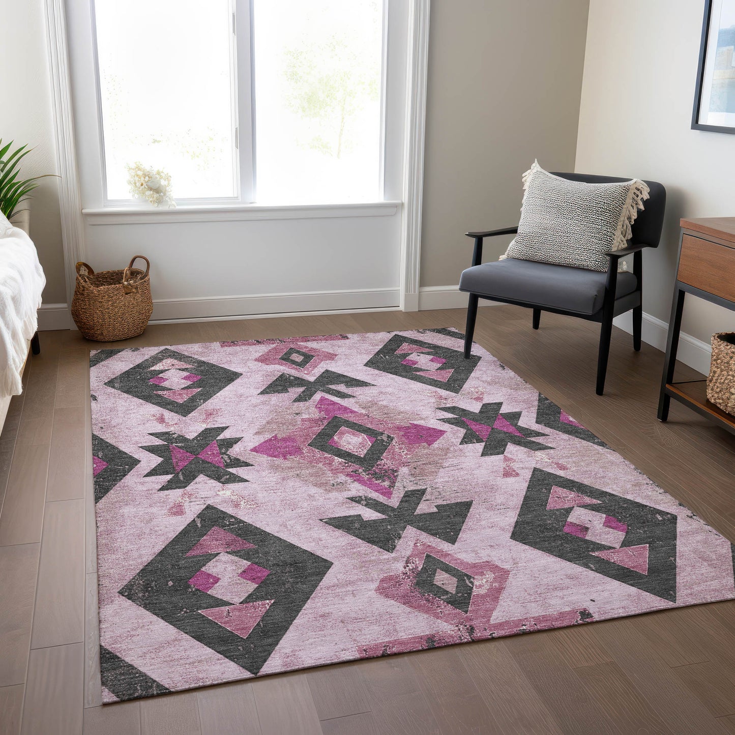 10' X 14' Pink Charcoal And Mauve Aztec Washable Indoor Outdoor Area Rug