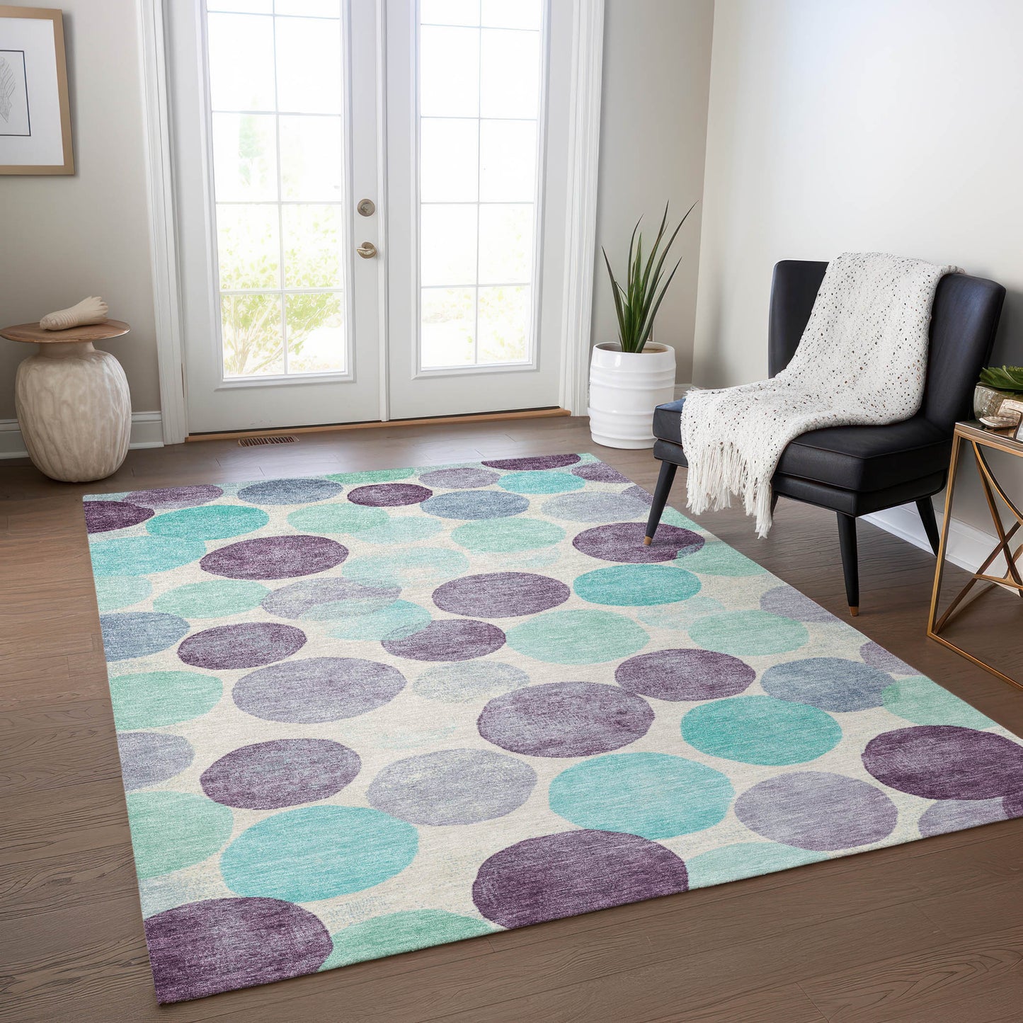 3' X 5' Plum Teal Blue And Ivory Geometric Washable Indoor Outdoor Area Rug