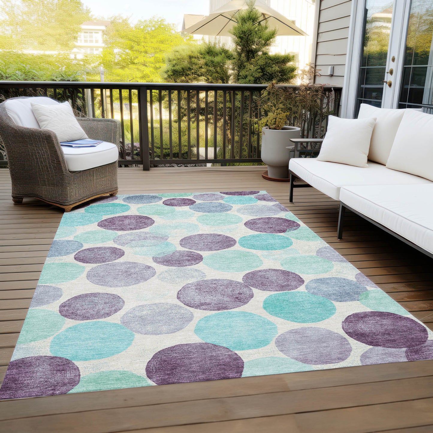 3' X 5' Plum Teal Blue And Ivory Geometric Washable Indoor Outdoor Area Rug