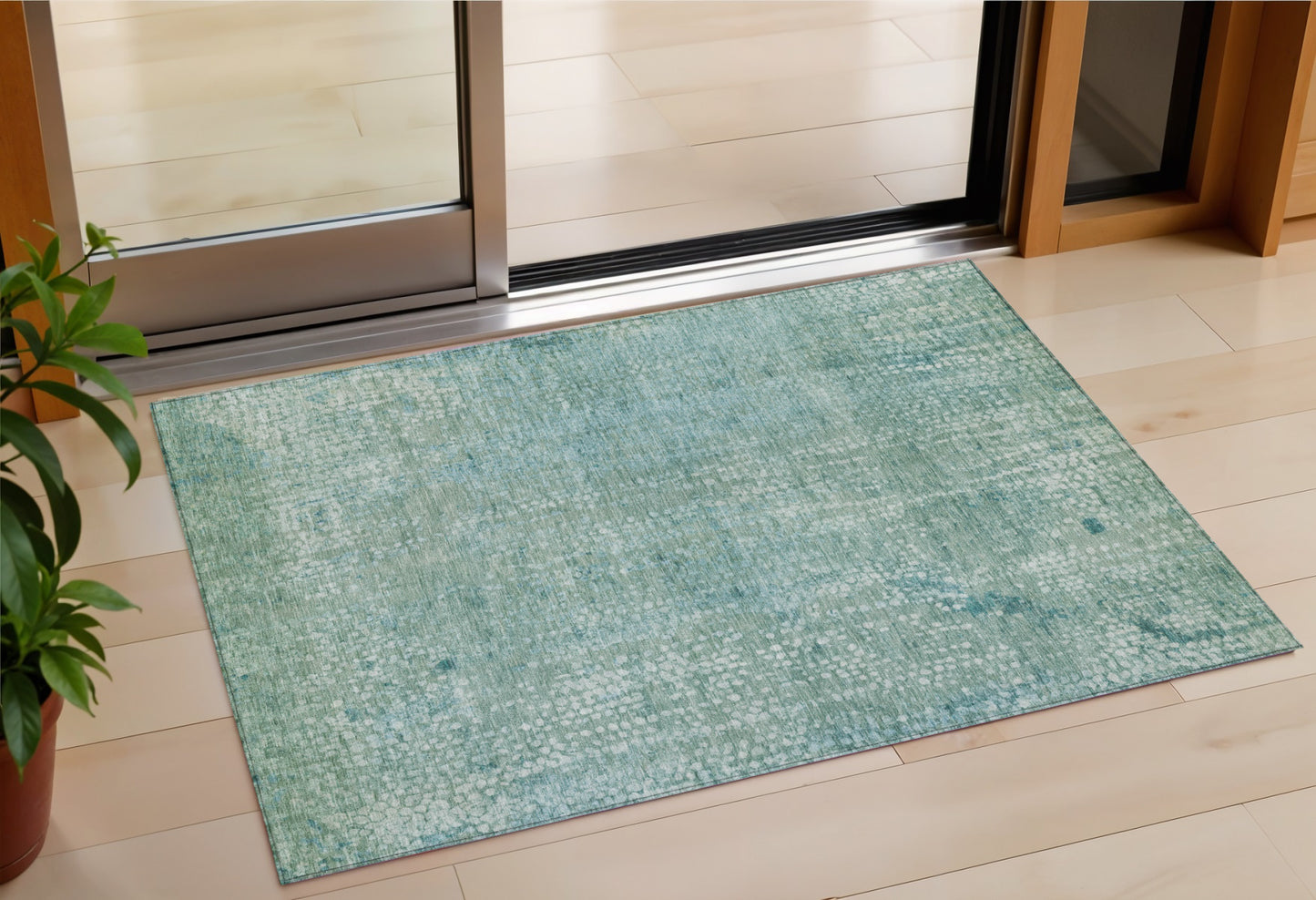 3' X 5' Teal Blue And Ivory Abstract Washable Indoor Outdoor Area Rug