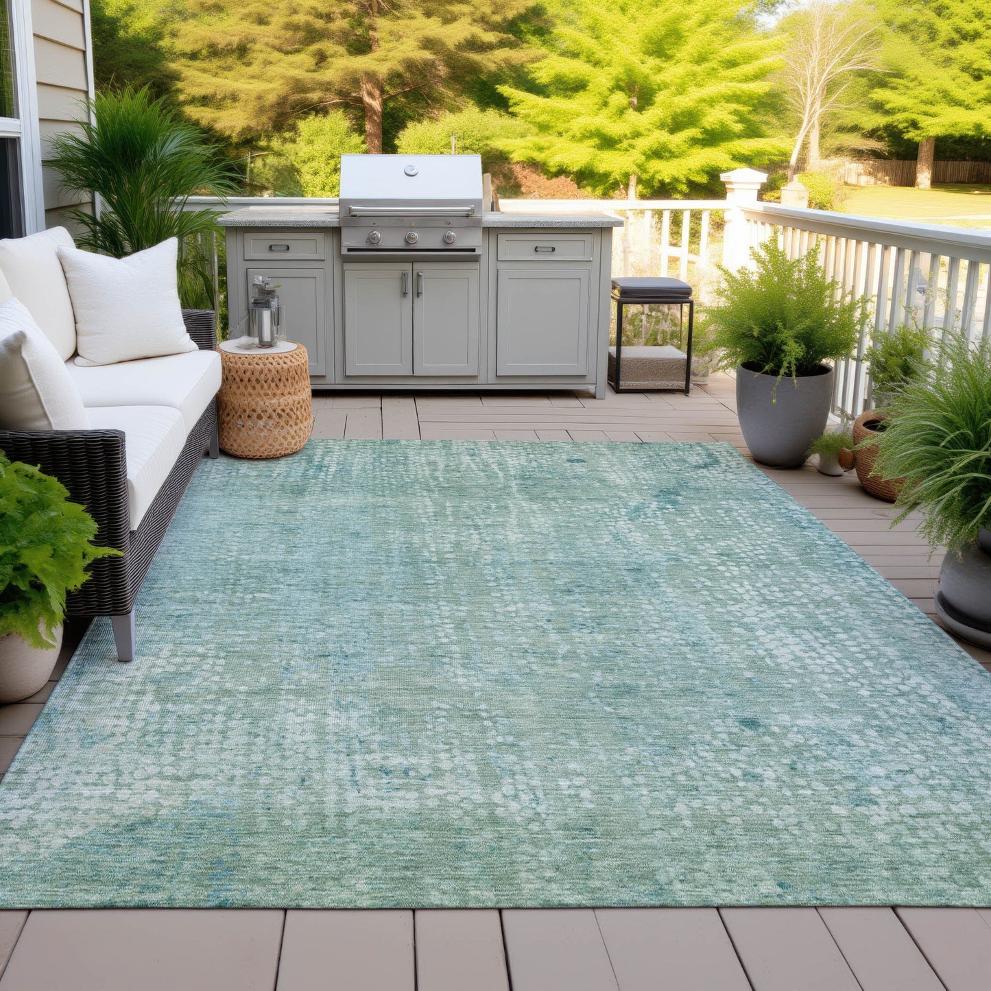 3' X 5' Teal Blue And Ivory Abstract Washable Indoor Outdoor Area Rug