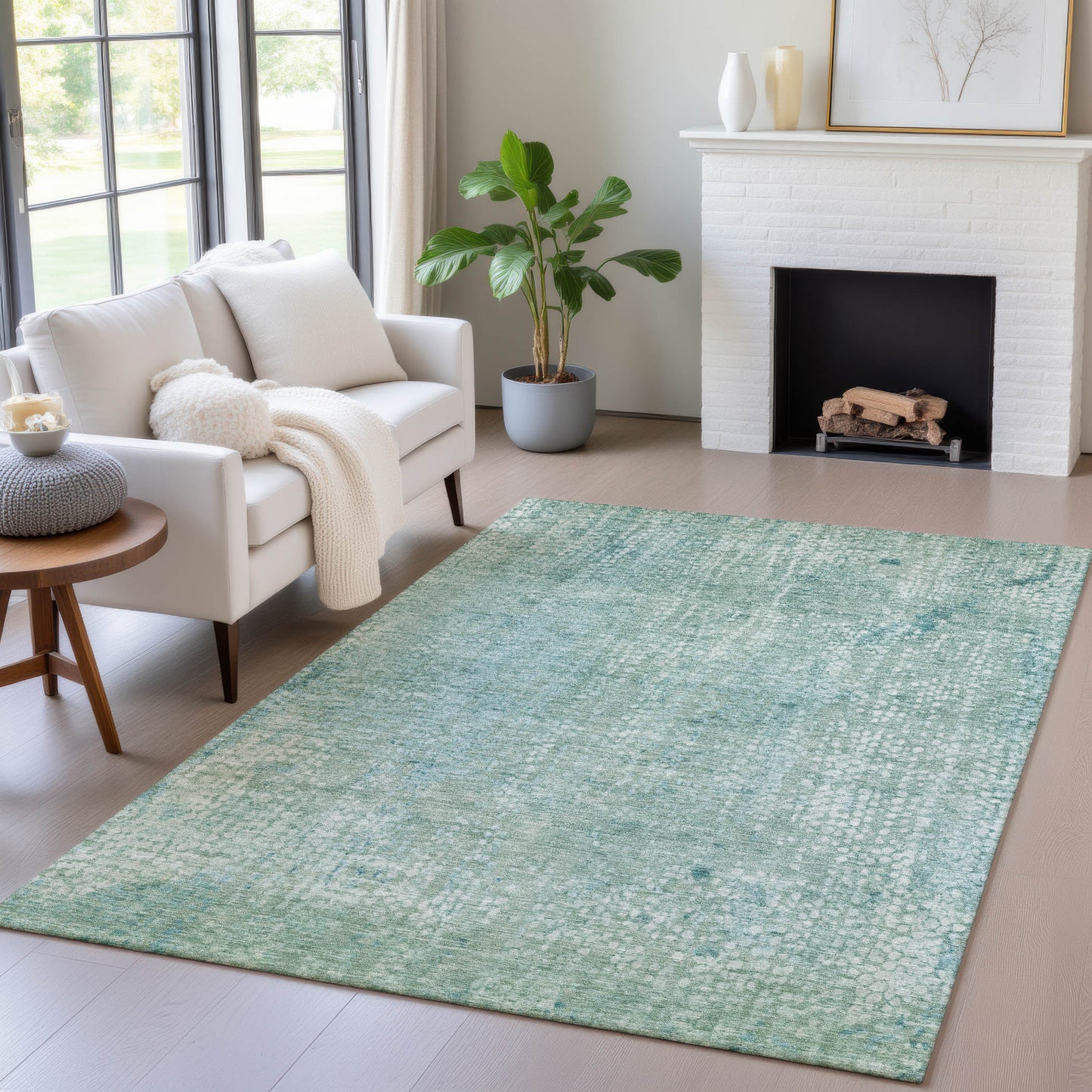 3' X 5' Teal Blue And Ivory Abstract Washable Indoor Outdoor Area Rug