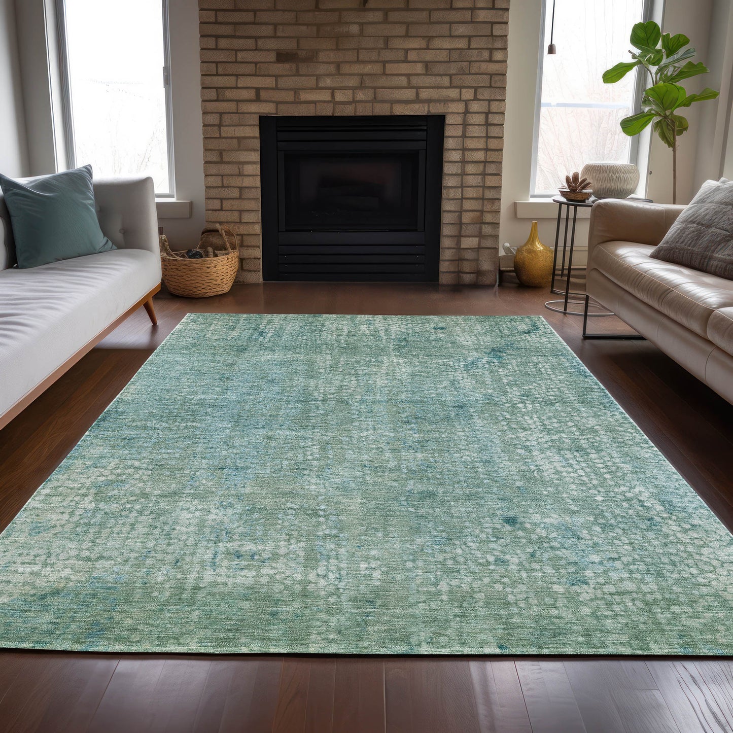3' X 5' Teal Blue And Ivory Abstract Washable Indoor Outdoor Area Rug