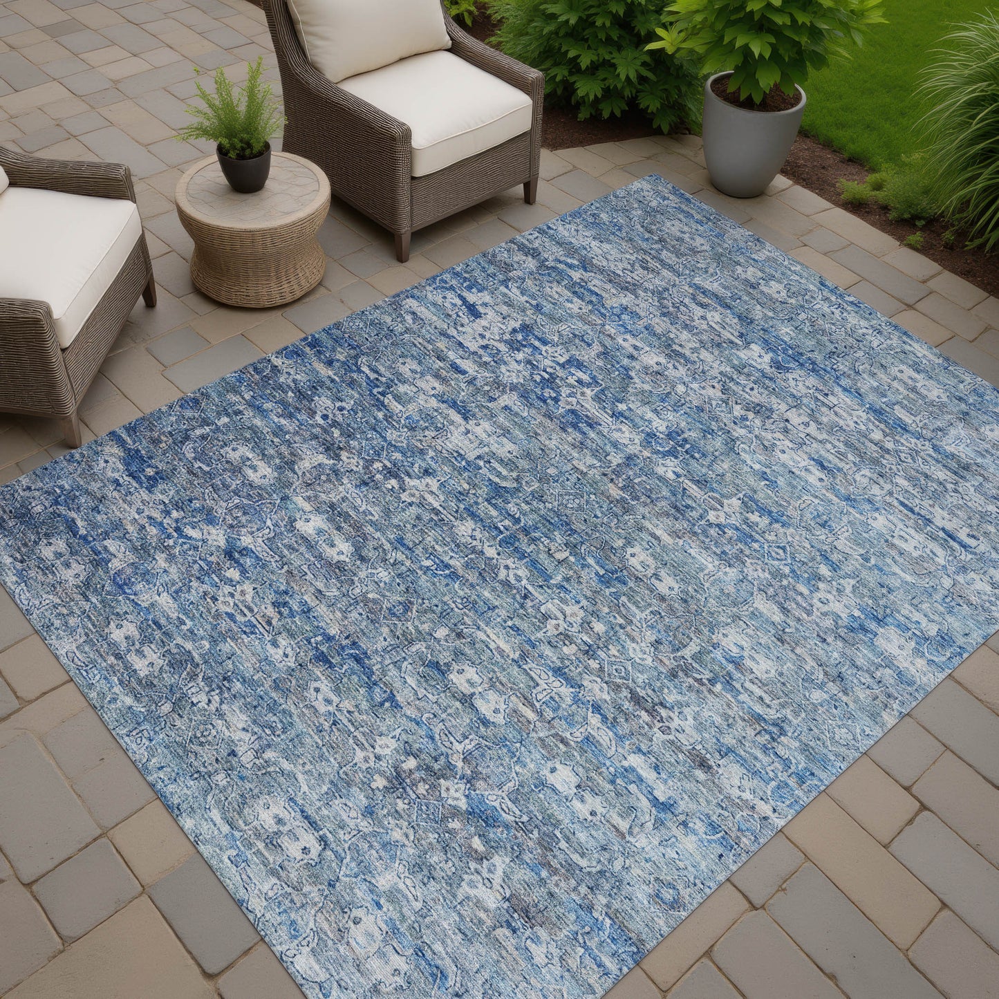 10' X 14' Denim Blue And Ivory Ikat Washable Indoor Outdoor Area Rug