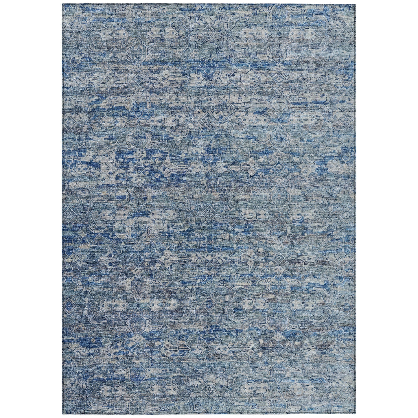 10' X 14' Denim Blue And Ivory Ikat Washable Indoor Outdoor Area Rug