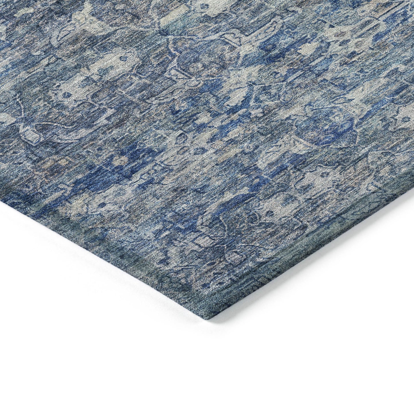 10' X 14' Denim Blue And Ivory Ikat Washable Indoor Outdoor Area Rug