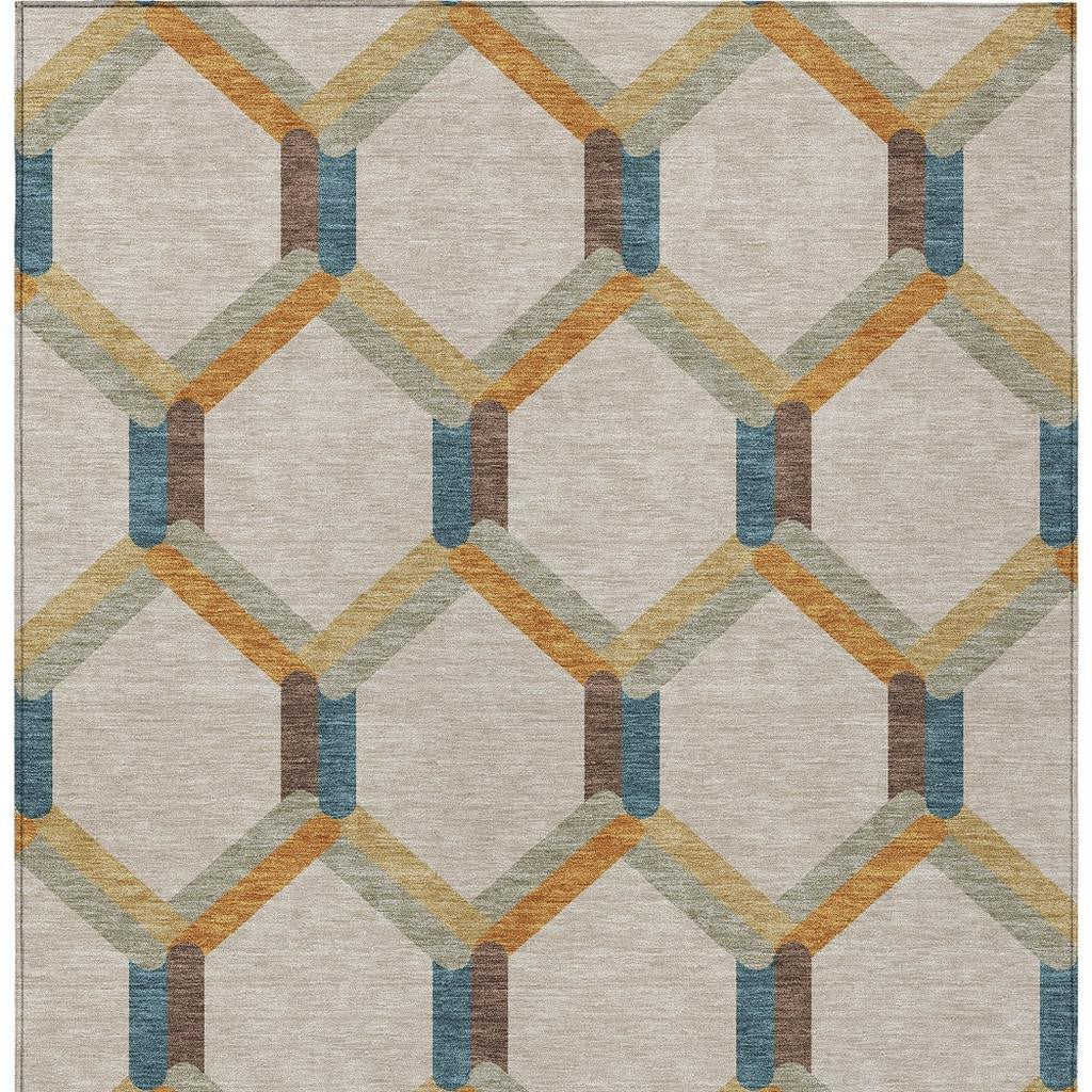 10' X 14' Beige Wheat And Blue Geometric Washable Indoor Outdoor Area Rug
