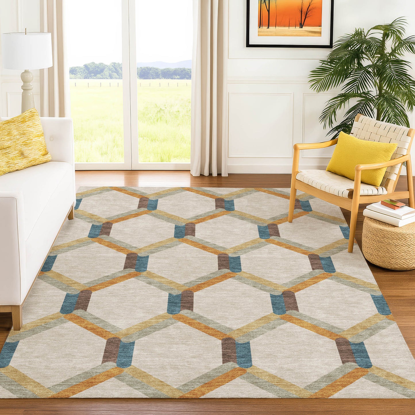 10' X 14' Beige Wheat And Blue Geometric Washable Indoor Outdoor Area Rug