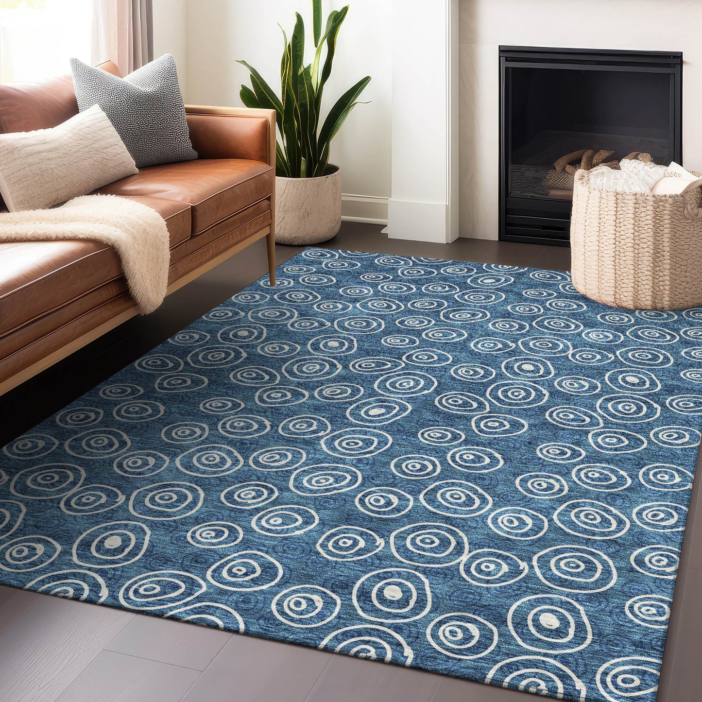 10' X 14' Blue And Ivory Polka Dot Washable Area Rug With UV Protection