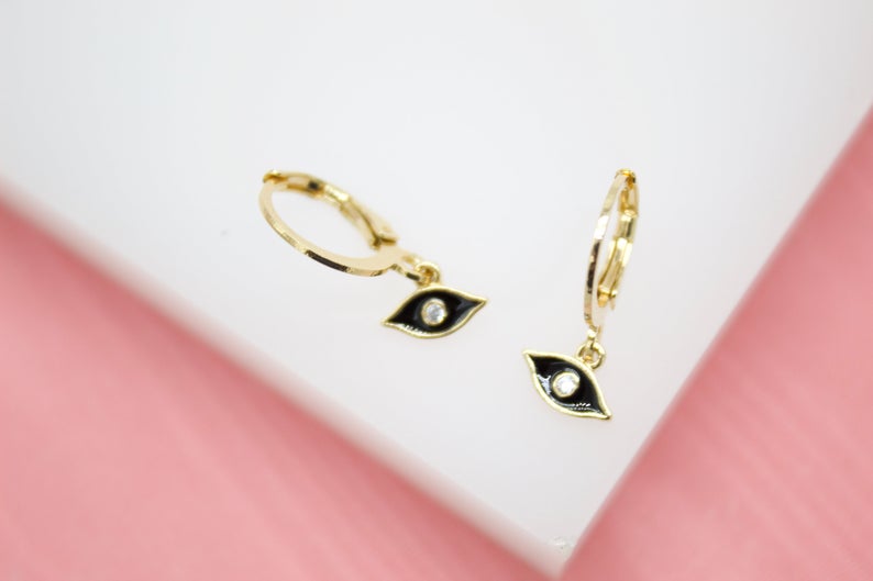 18K Gold Filled Evil Eye Huggies Earrings With CZ Stones (L162)-5