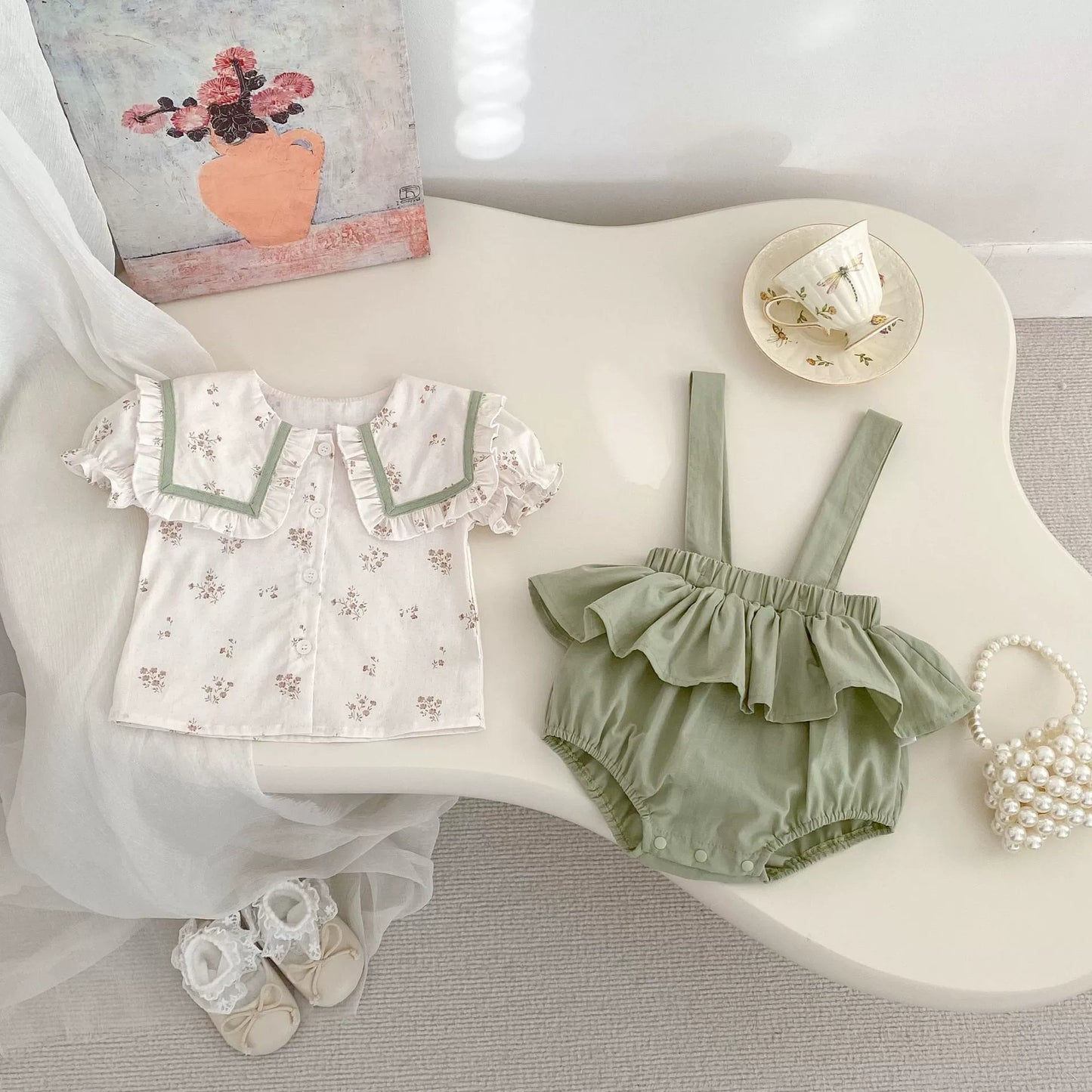 Summer Baby Kids Girls Floral Pattern Short Sleeves Top and Onesies Overalls Clothing Set-4