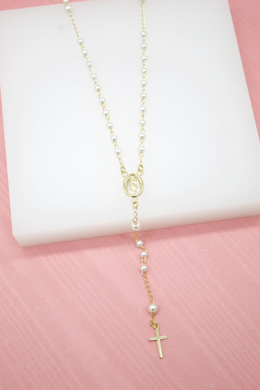 Catholic Pearl Bead Rosary with Crucifix and Milagros Charm (F259)