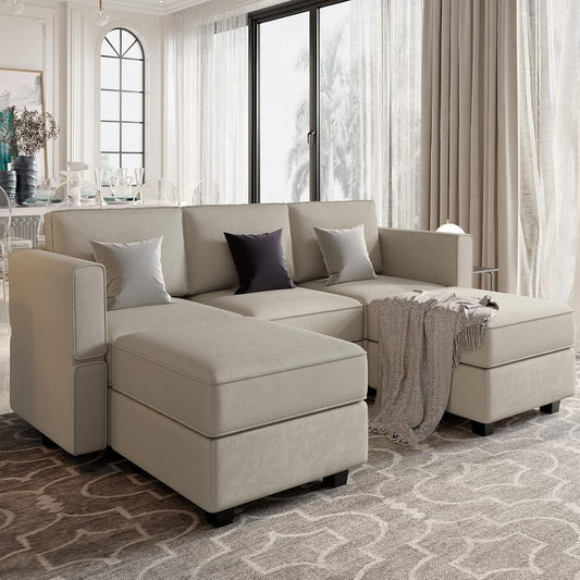 Modular Sectional Sofa U-Shaped, Velvet, Grey-0