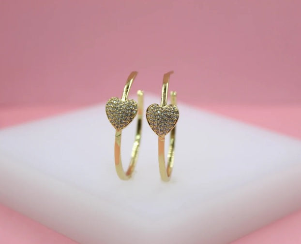 18K Gold Filled Heart Open Hoop Earrings With Micro CZ