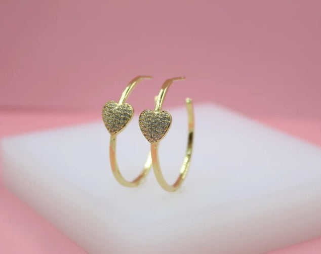 18K Gold Filled Heart Open Hoop Earrings With Micro CZ