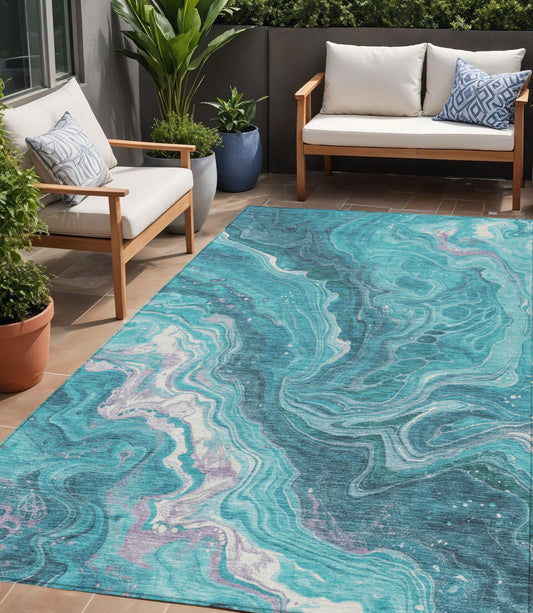 5' X 8' Teal Blue Gray And Ivory Abstract Washable Indoor Outdoor Area Rug