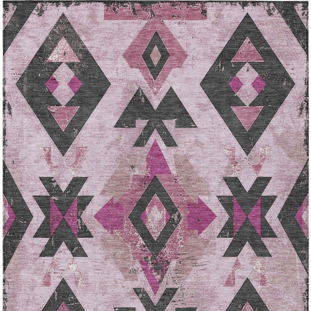 10' X 14' Pink Charcoal And Mauve Aztec Washable Indoor Outdoor Area Rug