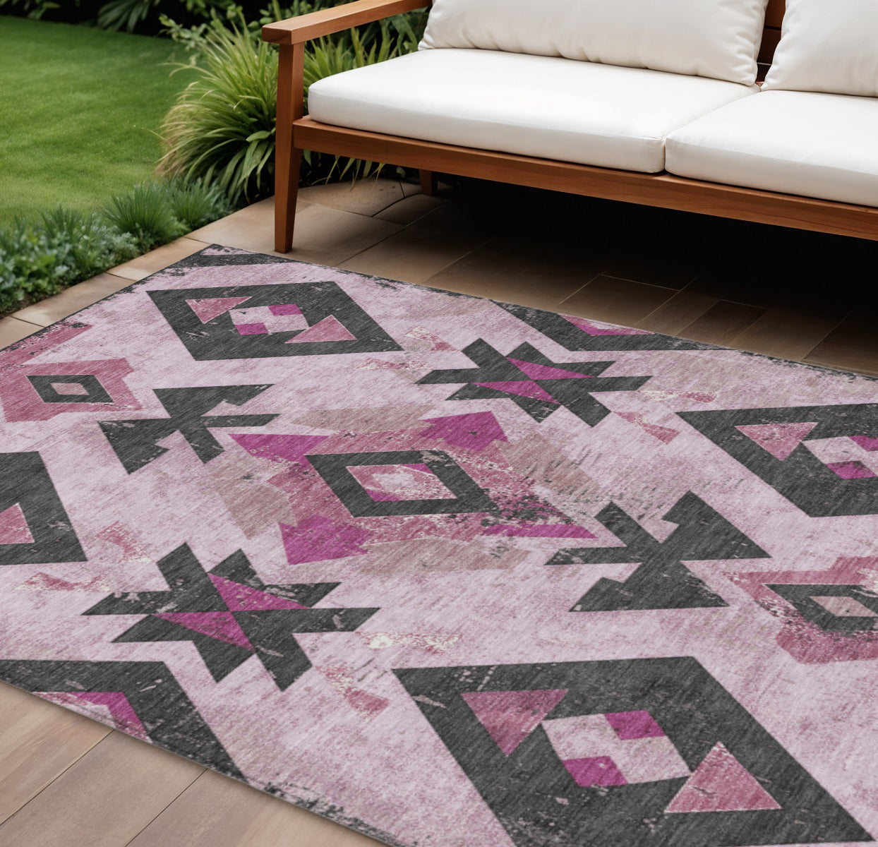 10' X 14' Pink Charcoal And Mauve Aztec Washable Indoor Outdoor Area Rug