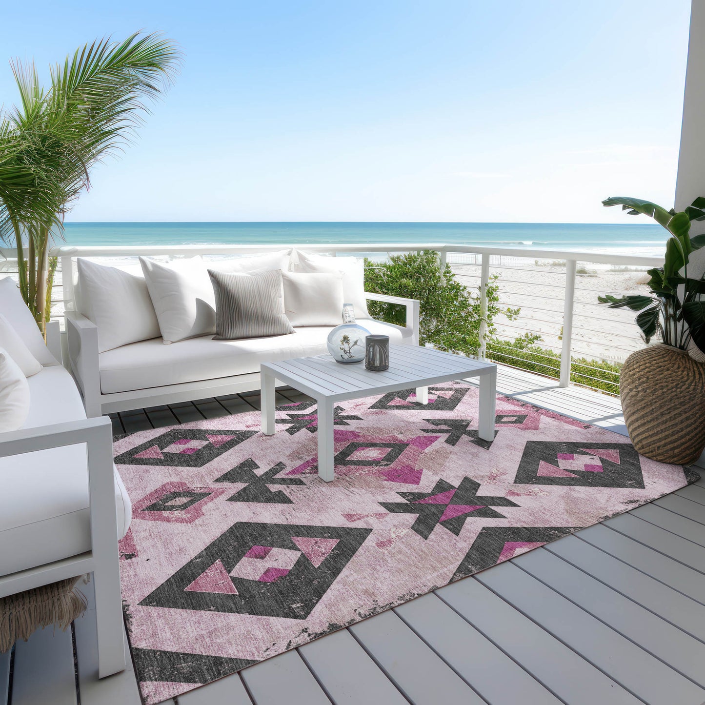 10' X 14' Pink Charcoal And Mauve Aztec Washable Indoor Outdoor Area Rug