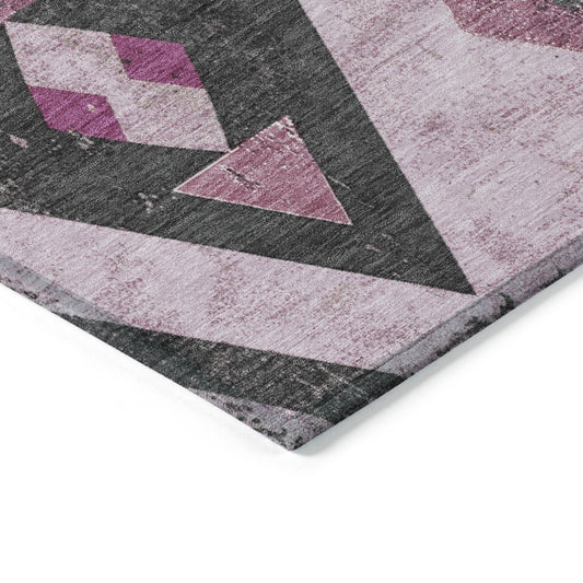 10' X 14' Pink Charcoal And Mauve Aztec Washable Indoor Outdoor Area Rug