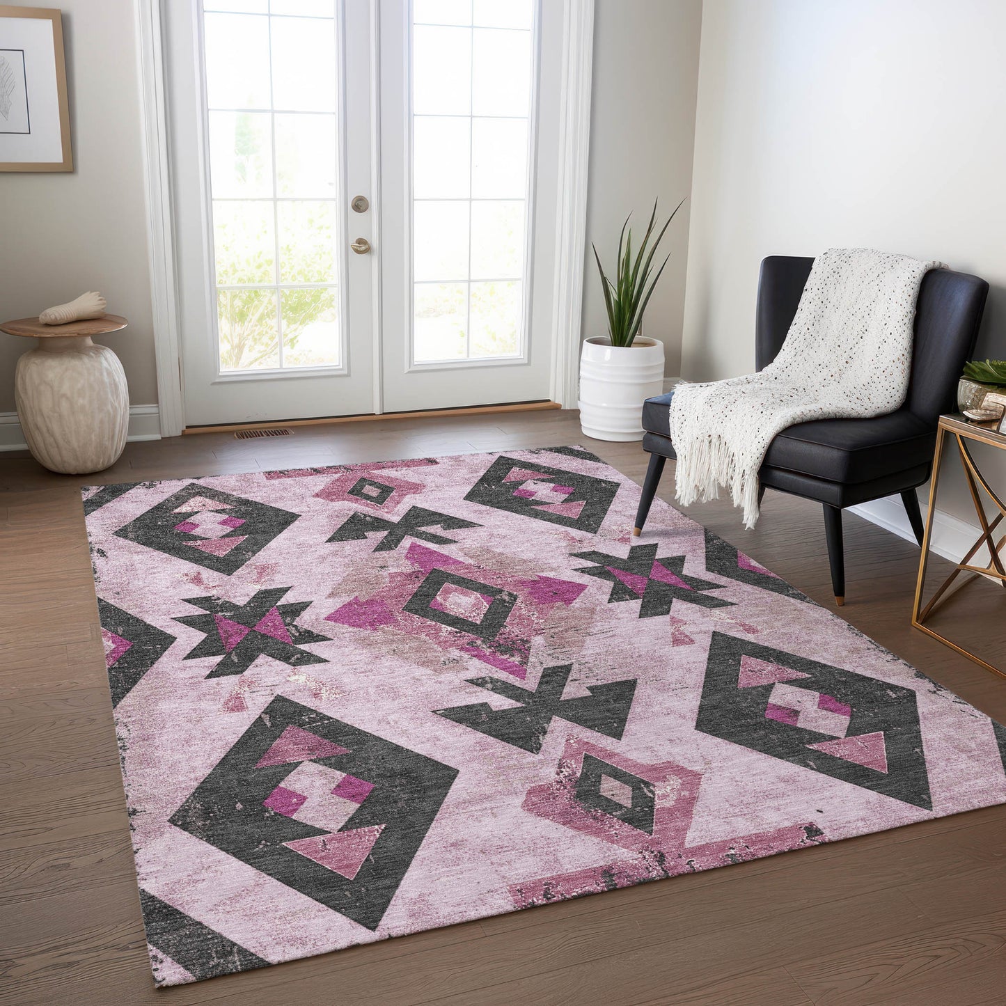10' X 14' Pink Charcoal And Mauve Aztec Washable Indoor Outdoor Area Rug