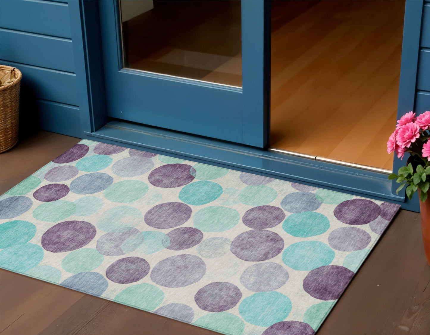 3' X 5' Plum Teal Blue And Ivory Geometric Washable Indoor Outdoor Area Rug