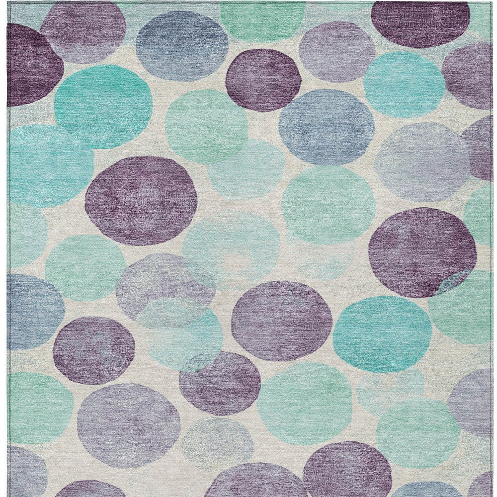 3' X 5' Plum Teal Blue And Ivory Geometric Washable Indoor Outdoor Area Rug