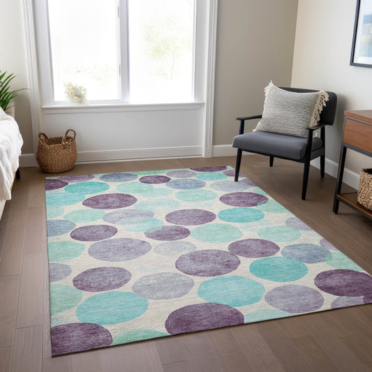 3' X 5' Plum Teal Blue And Ivory Geometric Washable Indoor Outdoor Area Rug