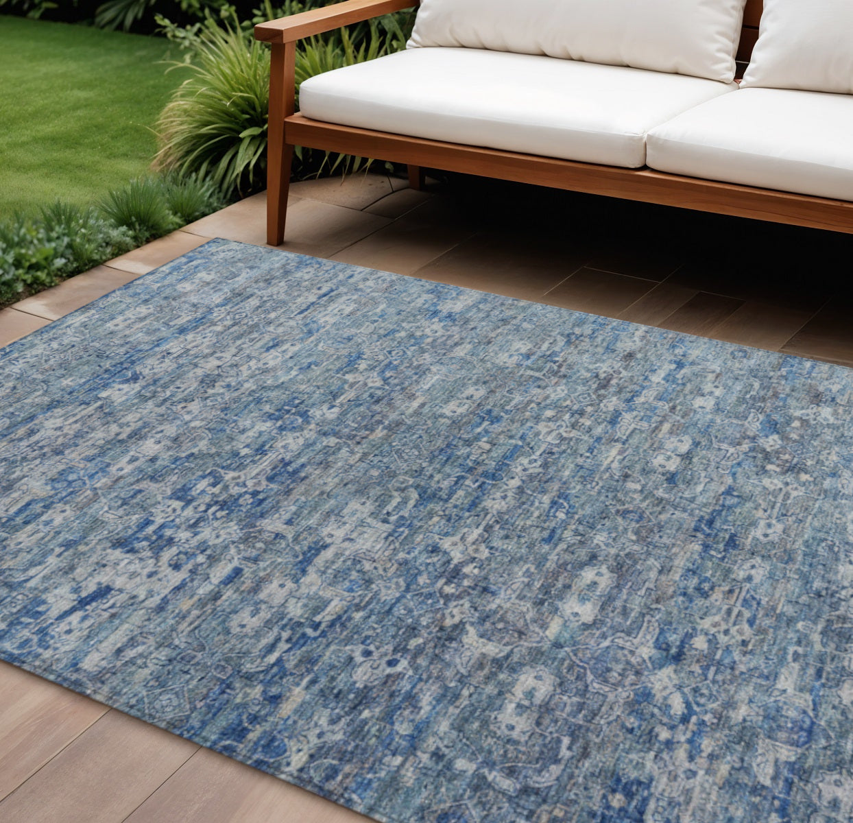 10' X 14' Denim Blue And Ivory Ikat Washable Indoor Outdoor Area Rug