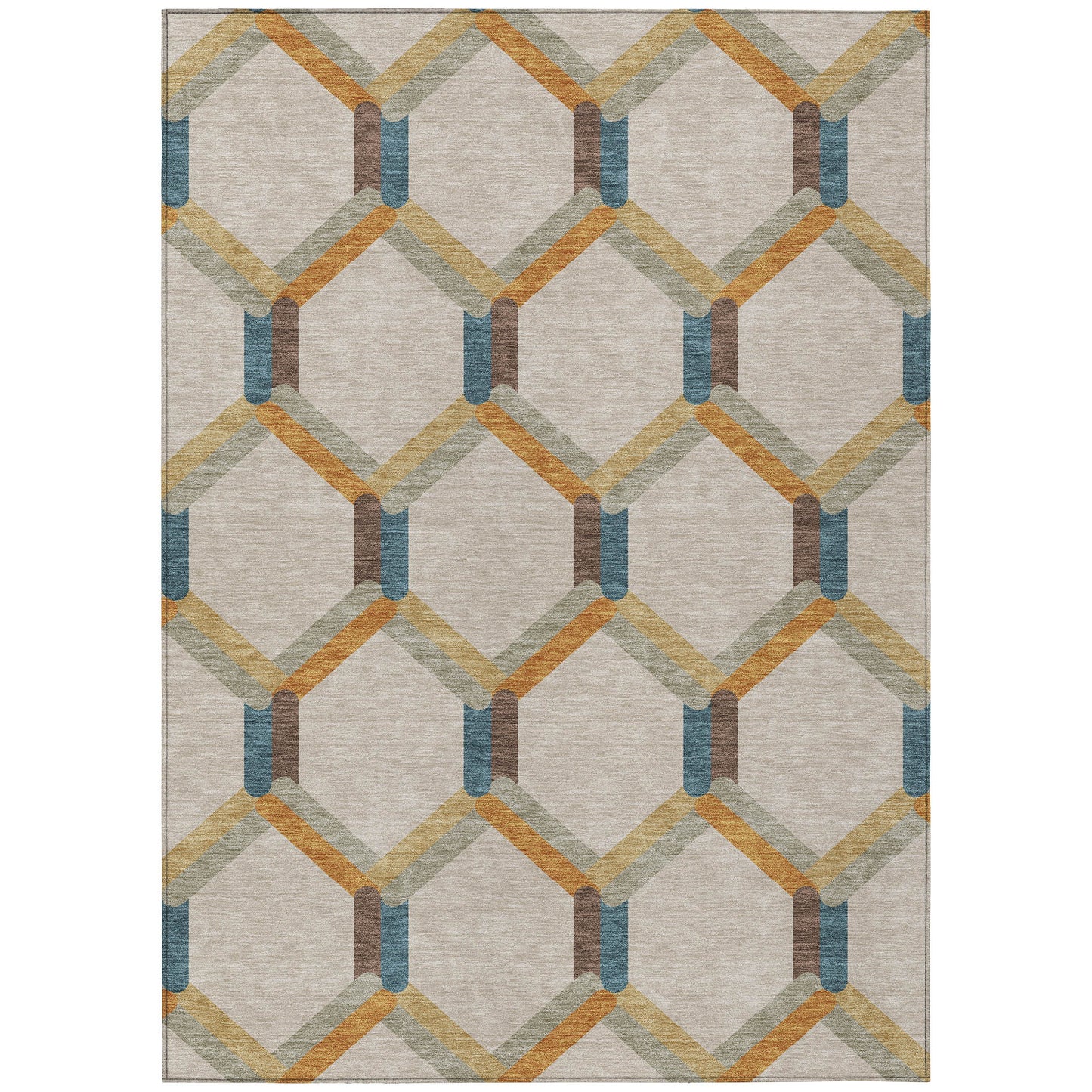 10' X 14' Beige Wheat And Blue Geometric Washable Indoor Outdoor Area Rug