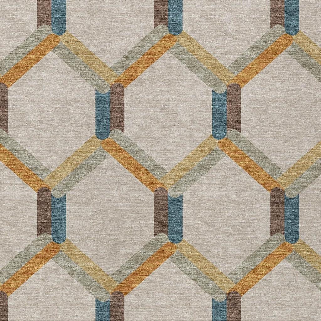 10' X 14' Beige Wheat And Blue Geometric Washable Indoor Outdoor Area Rug