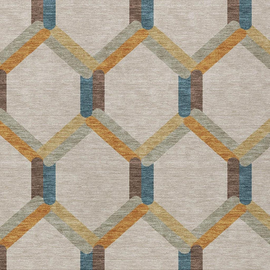 10' X 14' Beige Wheat And Blue Geometric Washable Indoor Outdoor Area Rug