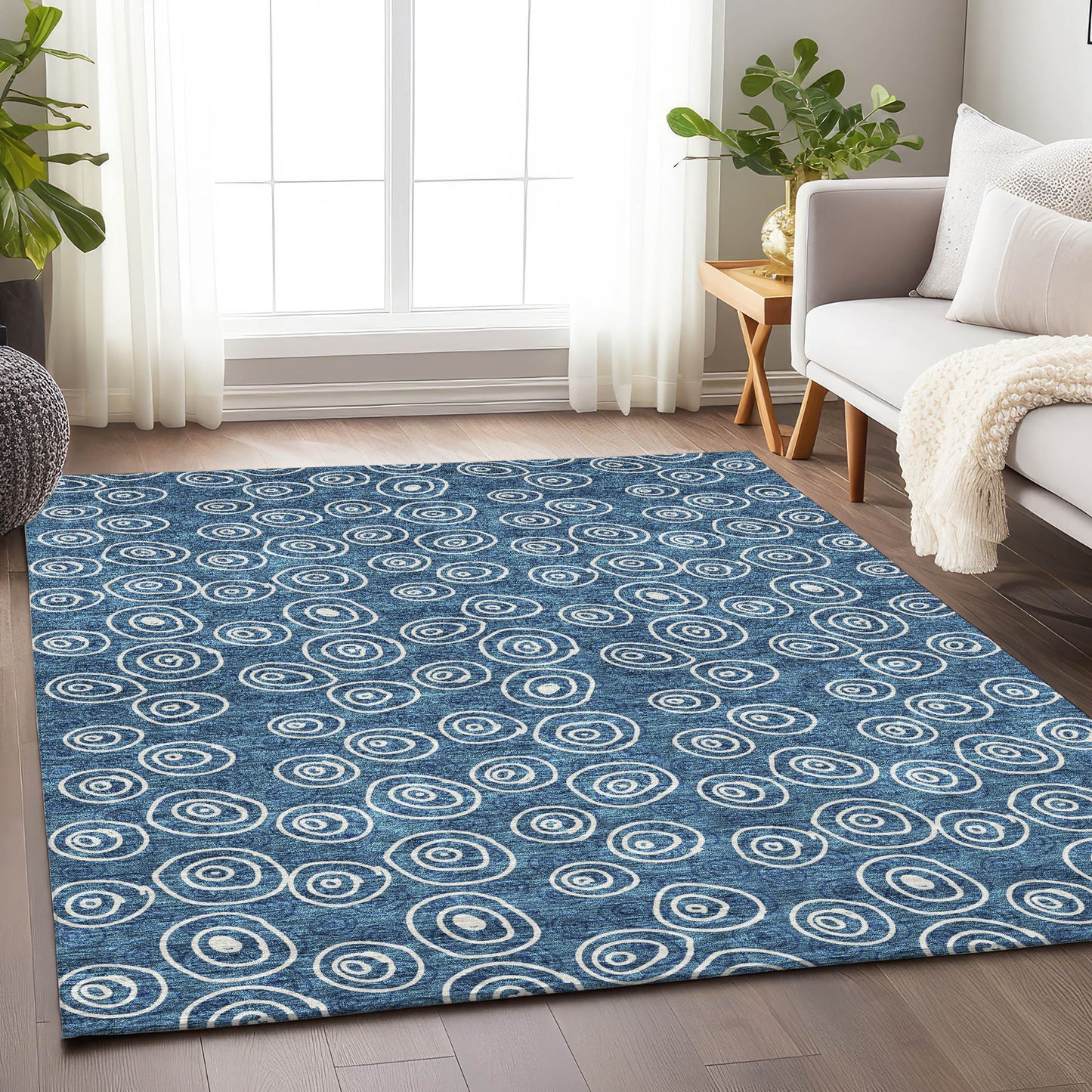 10' X 14' Blue And Ivory Polka Dot Washable Area Rug With UV Protection