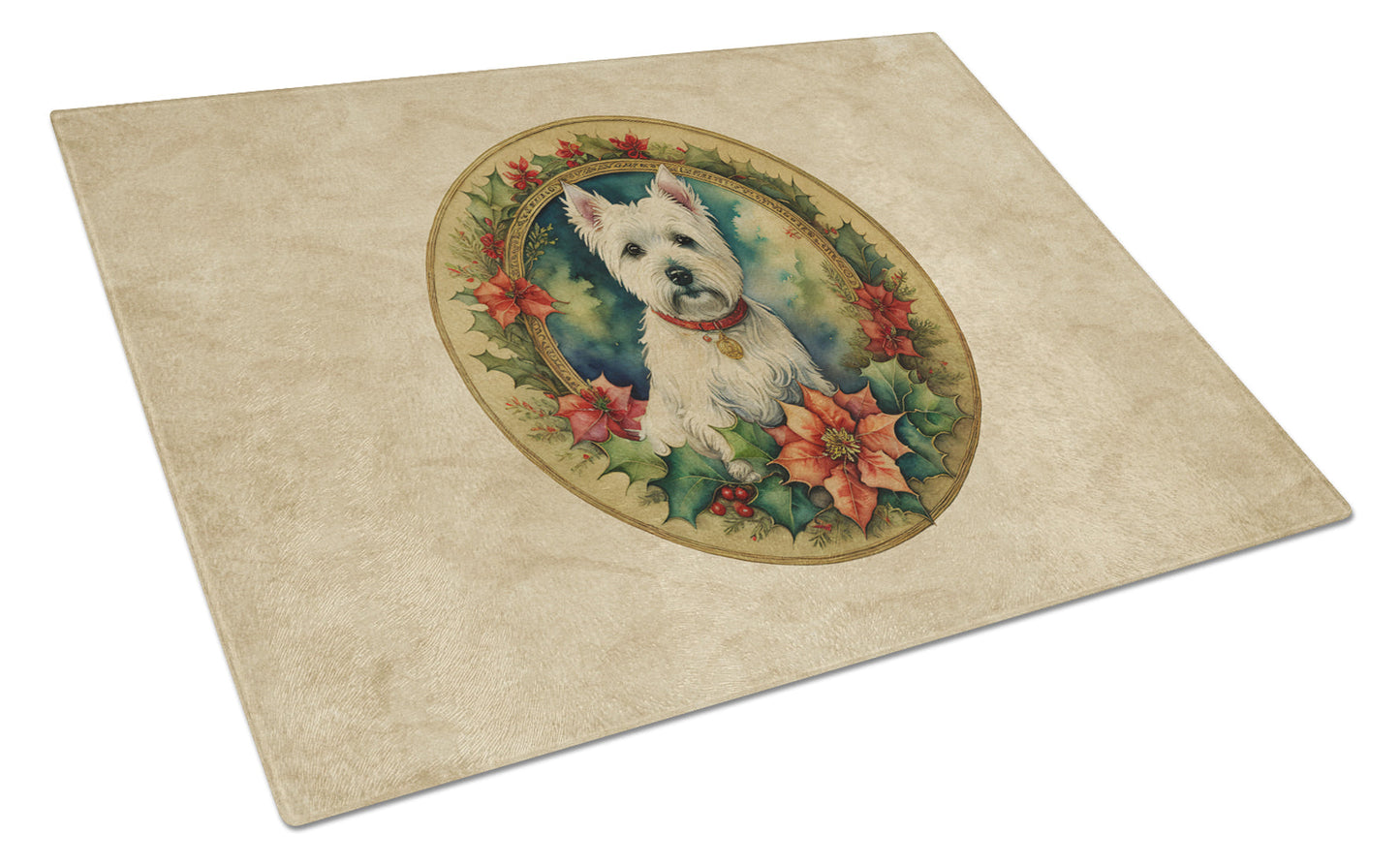 Westie Christmas Flowers Glass Cutting Board