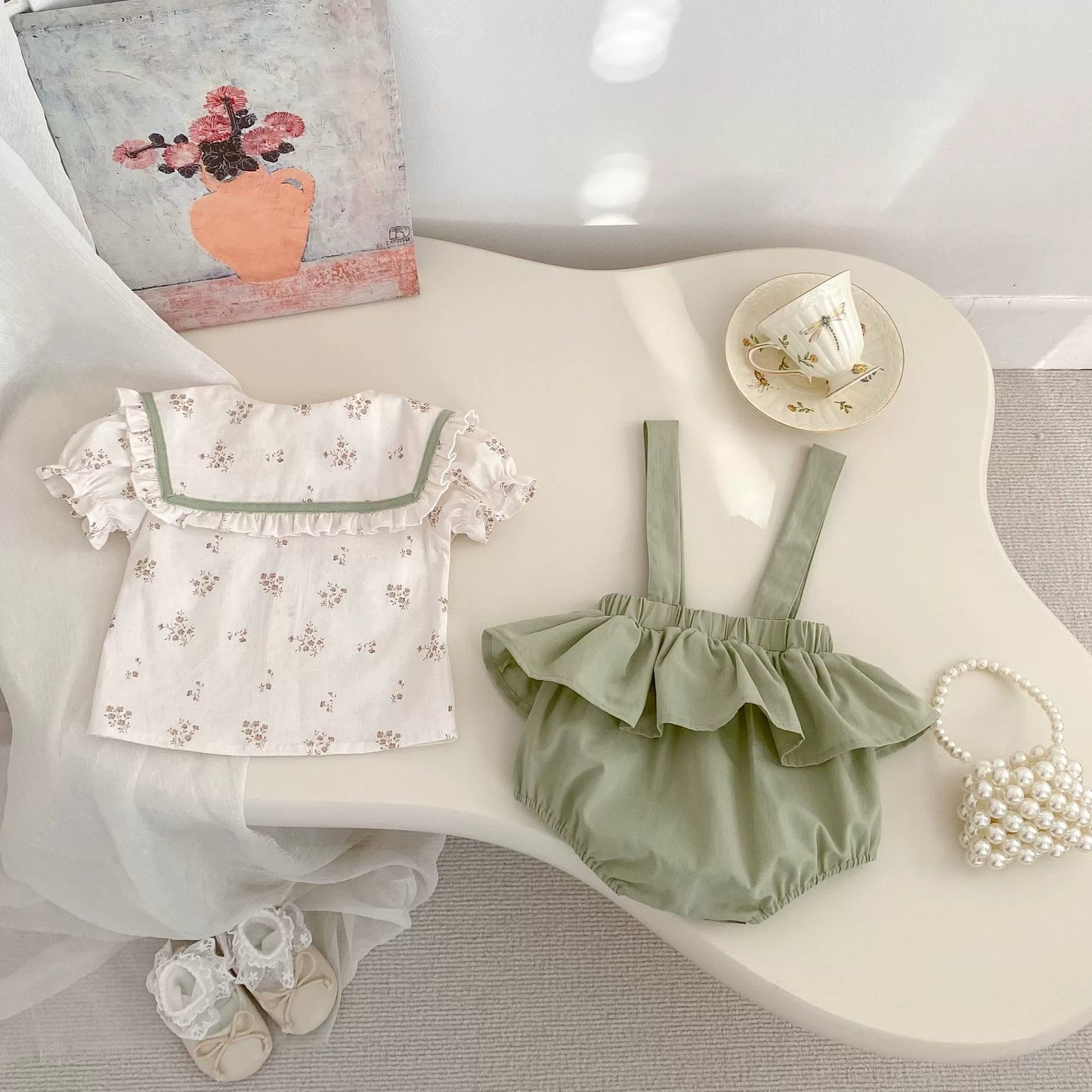 Summer Baby Kids Girls Floral Pattern Short Sleeves Top and Onesies Overalls Clothing Set-2