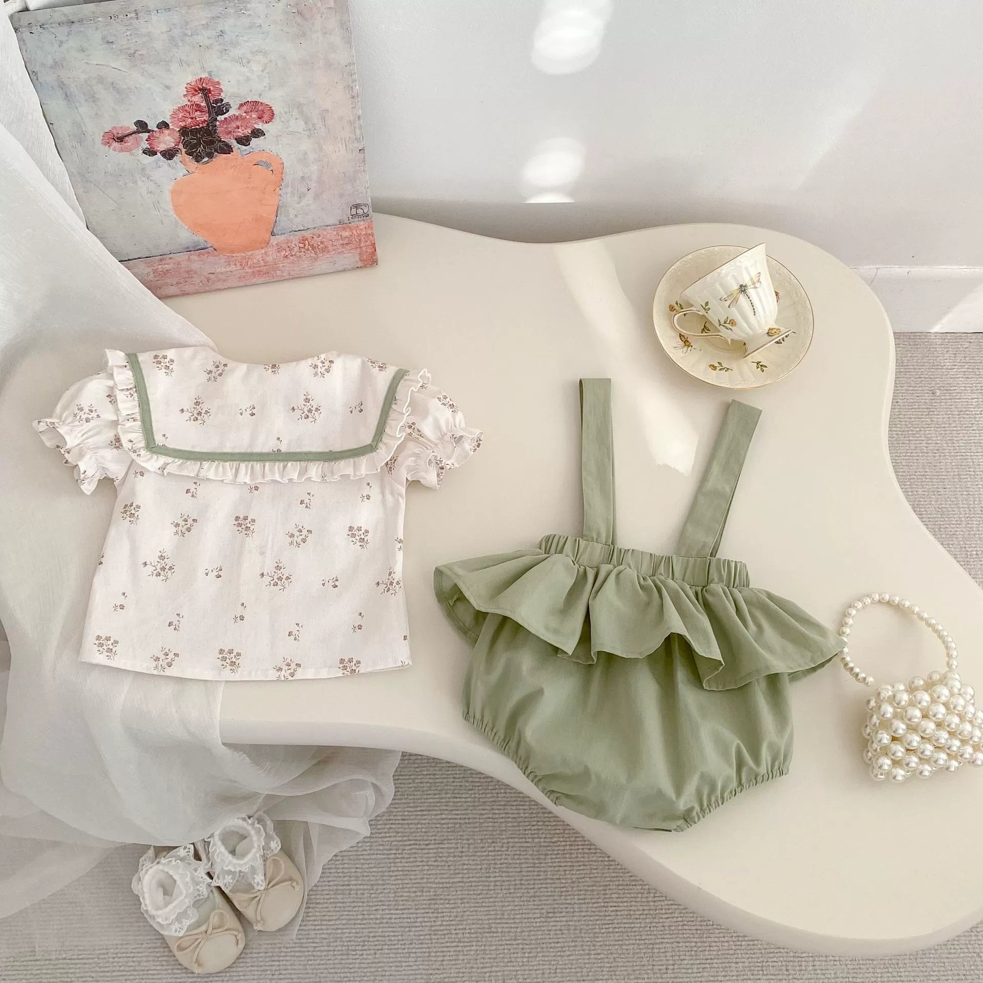 Summer Baby Kids Girls Floral Pattern Short Sleeves Top and Onesies Overalls Clothing Set-2