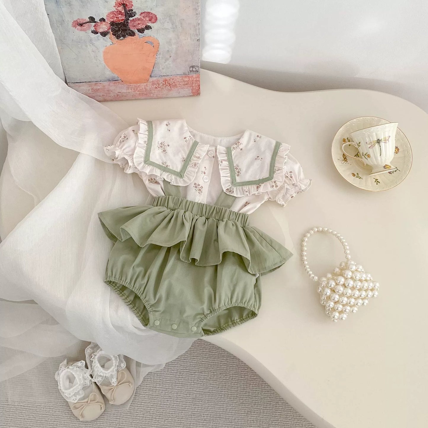 Summer Baby Kids Girls Floral Pattern Short Sleeves Top and Onesies Overalls Clothing Set-1