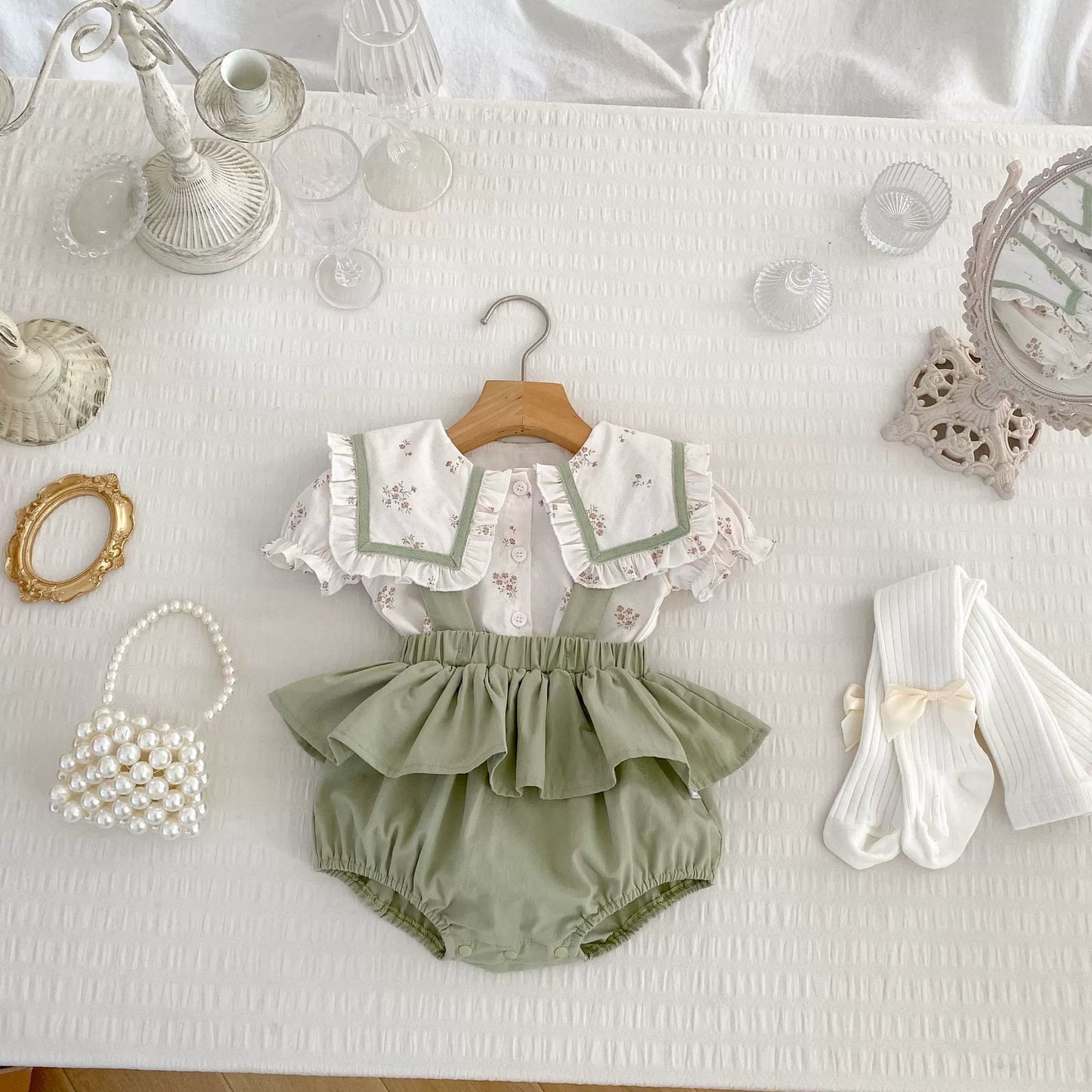 Summer Baby Kids Girls Floral Pattern Short Sleeves Top and Onesies Overalls Clothing Set-0