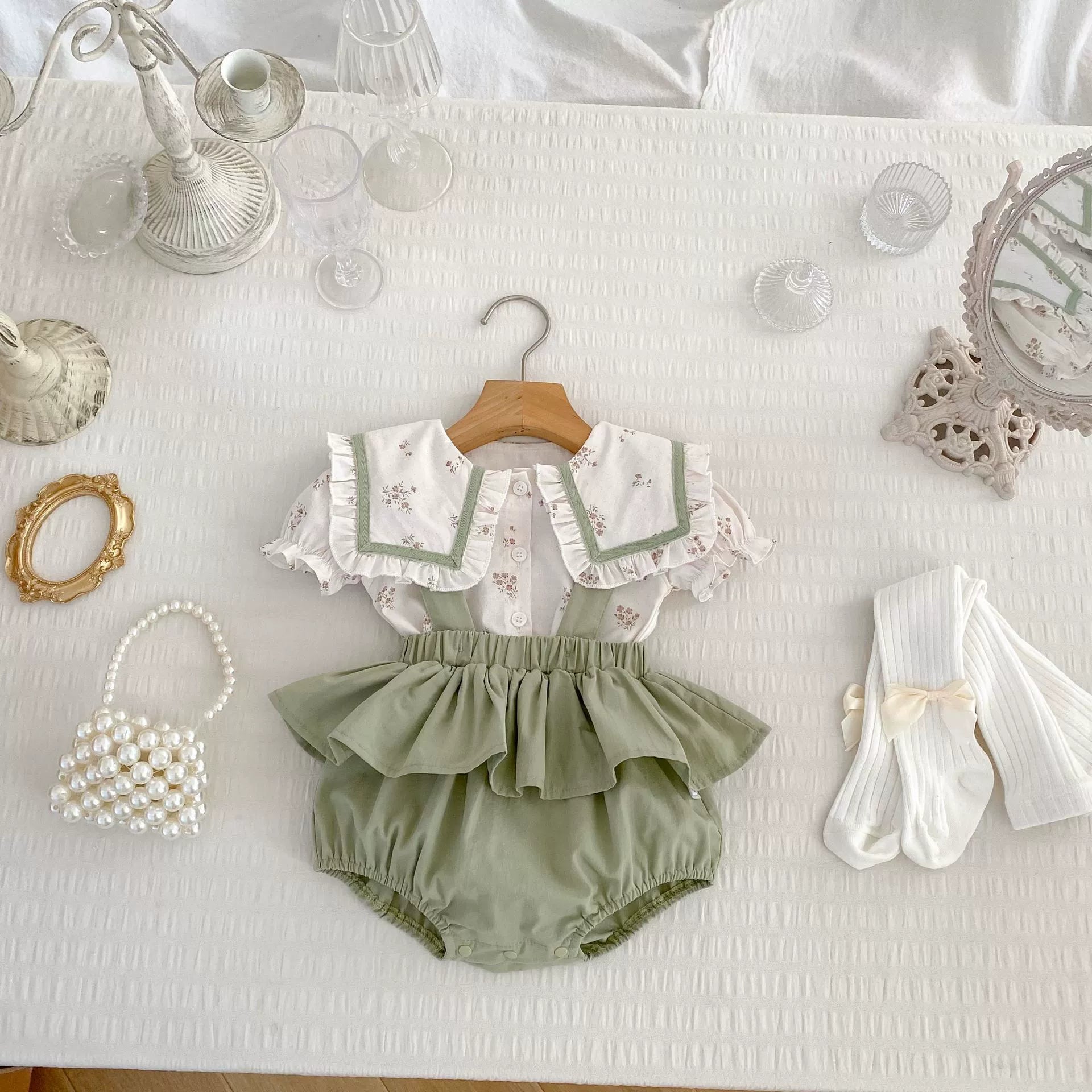 Summer Baby Kids Girls Floral Pattern Short Sleeves Top and Onesies Overalls Clothing Set-0